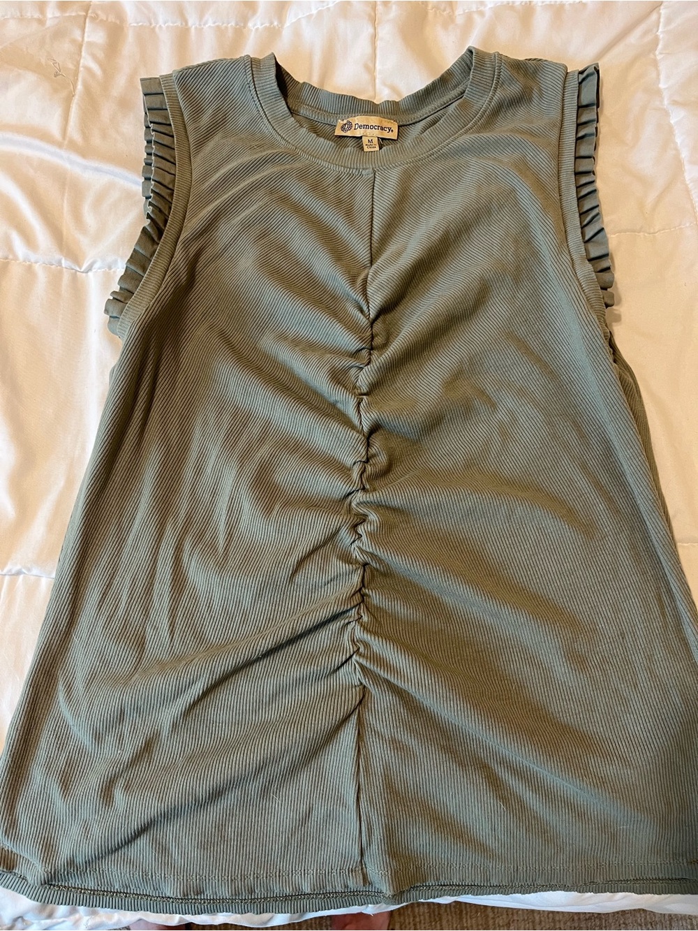 Democracy Olive Ribbed Ruched Tank with Ruffle Trim